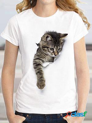 Round Neck Casual Loose Cat Print Short Sleeve T-shirt