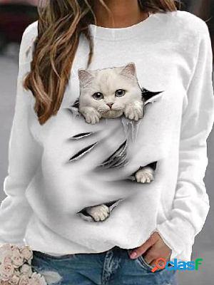 Round Neck Casual Loose Cat Print Sweatshirt