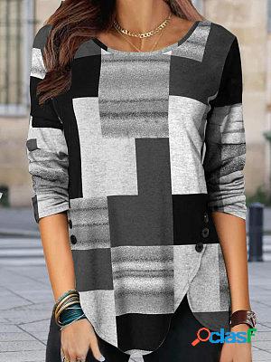 Round Neck Casual Loose Check Print Long Sleeve T-shirt