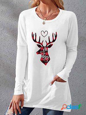 Round Neck Casual Loose Christmas Print Long Sleeve T-shirt