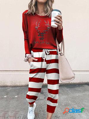 Round Neck Casual Loose Christmas Print Warm Home Suit