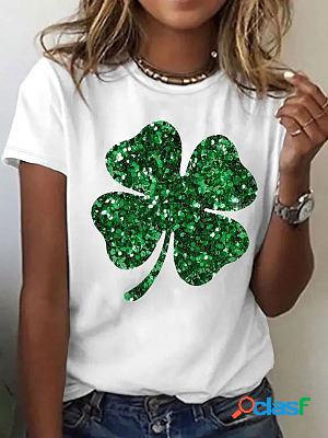 Round Neck Casual Loose Clover Print Short Sleeve T-Shirt