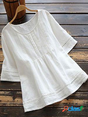 Round Neck Casual Loose Cutout Stitching Short-sleeved