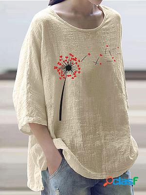 Round Neck Casual Loose Dandelion Print Long Sleeve Blouse