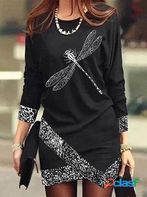 Round Neck Casual Loose Dragonfly Print Long Sleeve Short