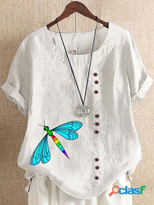 Round Neck Casual Loose Dragonfly Print Short-sleeved Blouse
