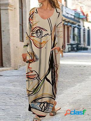 Round Neck Casual Loose Face Print Long Sleeve Maxi Dress