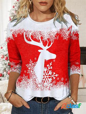 Round Neck Casual Loose Fawn Print Long Sleeve T-shirt