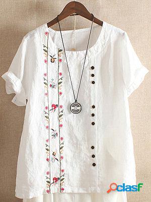 Round Neck Casual Loose Floral Embroidery Short Sleeve