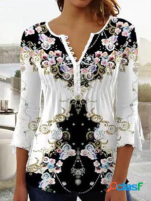 Round Neck Casual Loose Floral Print Button Long Sleeve