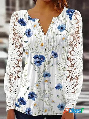 Round Neck Casual Loose Floral Print Lace Long Sleeve