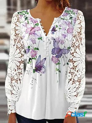 Round Neck Casual Loose Floral Print Lace Long Sleeve