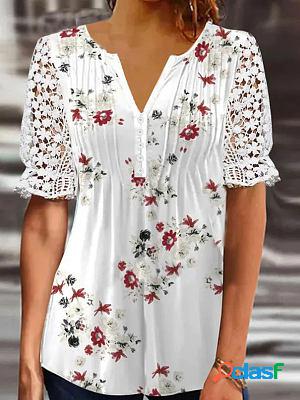 Round Neck Casual Loose Floral Print Lace Short Sleeve