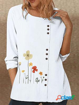 Round Neck Casual Loose Floral Print Long Sleeve Blouse