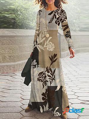 Round Neck Casual Loose Floral Print Long Sleeve Maxi Dress