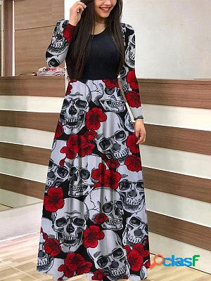 Round Neck Casual Loose Floral Print Long Sleeve Maxi Dress