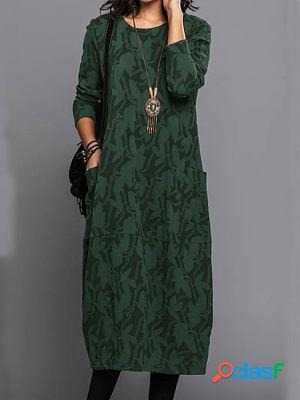 Round Neck Casual Loose Floral Print Long Sleeve Midi Dress