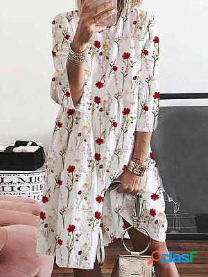 Round Neck Casual Loose Floral Print Long Sleeve Short Dress