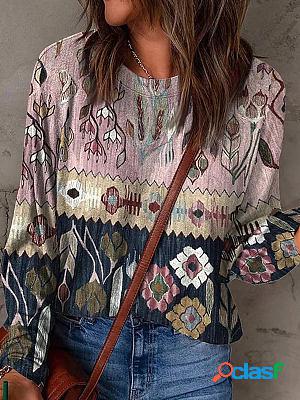 Round Neck Casual Loose Floral Print Long Sleeve T-Shirt