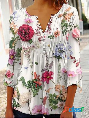 Round Neck Casual Loose Floral Print Long Sleeve T-Shirt