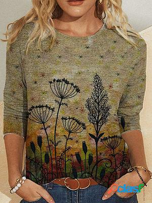Round Neck Casual Loose Floral Print Long Sleeve T-shirt