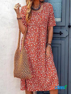 Round Neck Casual Loose Floral Print Resort Short Sleeve