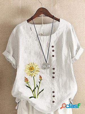Round Neck Casual Loose Floral Print Short Sleeve Blouse