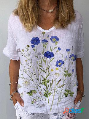 Round Neck Casual Loose Floral Print Short Sleeve Blouse