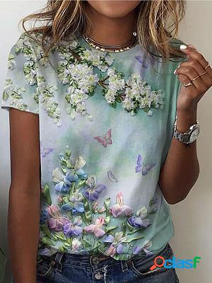 Round Neck Casual Loose Floral Print Short Sleeve T-Shirt