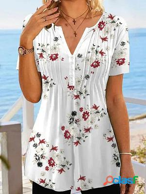 Round Neck Casual Loose Floral Print Short Sleeve T-Shirt