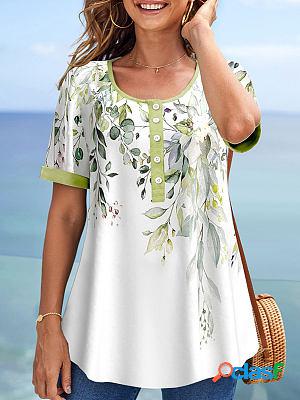 Round Neck Casual Loose Floral Print Short Sleeve T-Shirt