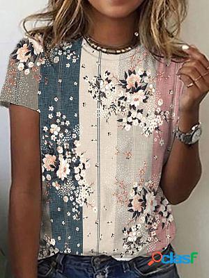 Round Neck Casual Loose Floral Print Short Sleeve T-shirt