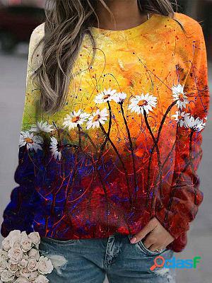 Round Neck Casual Loose Floral Print Sweatshirt