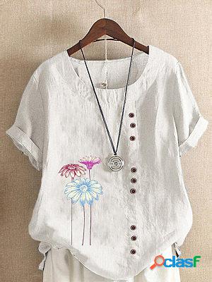 Round Neck Casual Loose Floral Short Sleeve Blouse