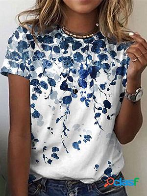 Round Neck Casual Loose Floral Smudge Print Short Sleeve