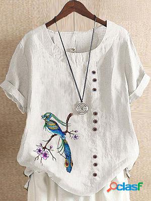 Round Neck Casual Loose Flower And Bird Print Short-sleeved