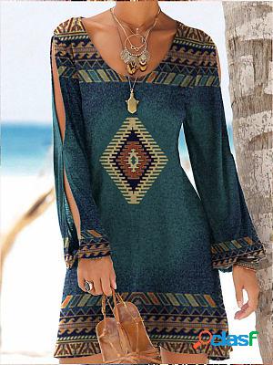 Round Neck Casual Loose Geometric Print Long Sleeve Short