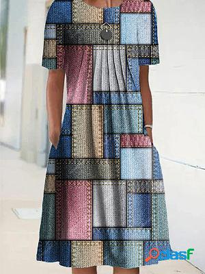 Round Neck Casual Loose Geometric Print Short Sleeve Midi