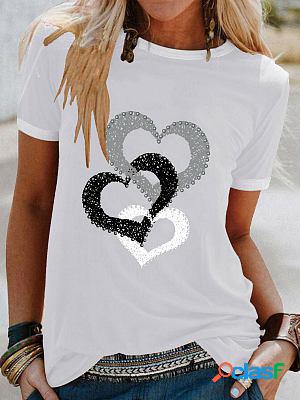 Round Neck Casual Loose Heart Print Short-sleeved T-shirt