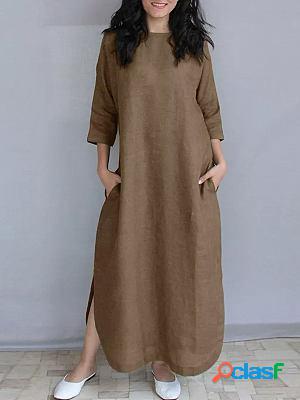 Round Neck Casual Loose Holiday Solid Color Long Sleeve Maxi