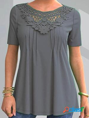Round Neck Casual Loose Lace Hollow Short-sleeved T-shirt