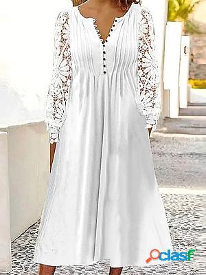 Round Neck Casual Loose Lace Stitching Long-sleeved Midi