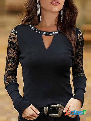 Round Neck Casual Loose Lace Stitching Long-sleeved T-shirt