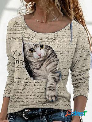 Round Neck Casual Loose Letter Cat Print Long-sleeved