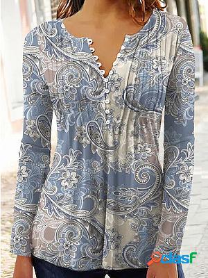 Round Neck Casual Loose Paisley Print Long Sleeve T-Shirt