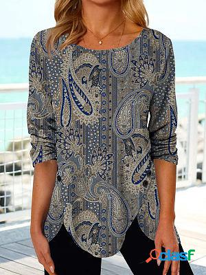 Round Neck Casual Loose Paisley Print Long Sleeve T-shirt