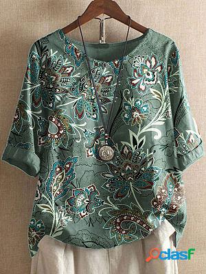 Round Neck Casual Loose Paisley Print Short Sleeve Blouse