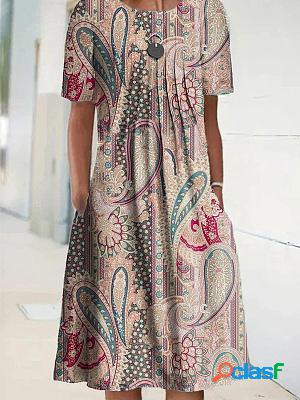 Round Neck Casual Loose Paisley Print Short Sleeve Midi