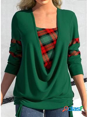 Round Neck Casual Loose Plaid Stitching Long-sleeved T-shirt