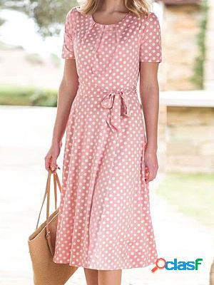 Round Neck Casual Loose Polka Dot Print Short Sleeve Midi